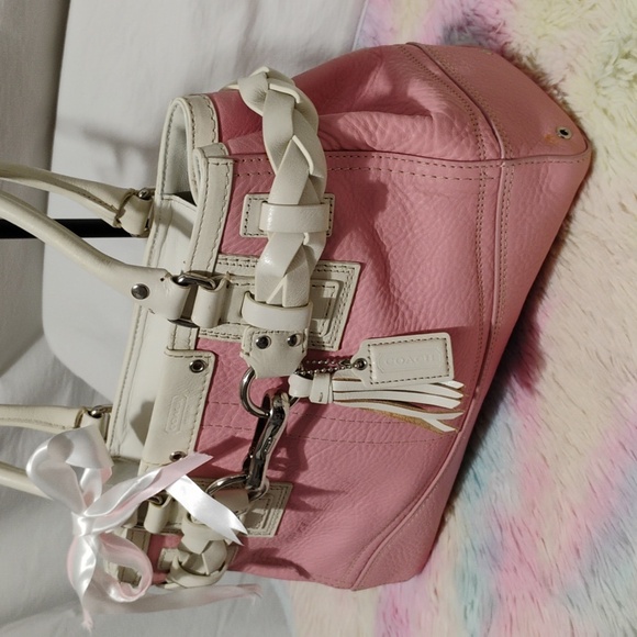 FIRM PRICE! Coach Pink & White Hampton Leather Small/Medium Y2K Satchel Bag - Picture 2 of 13